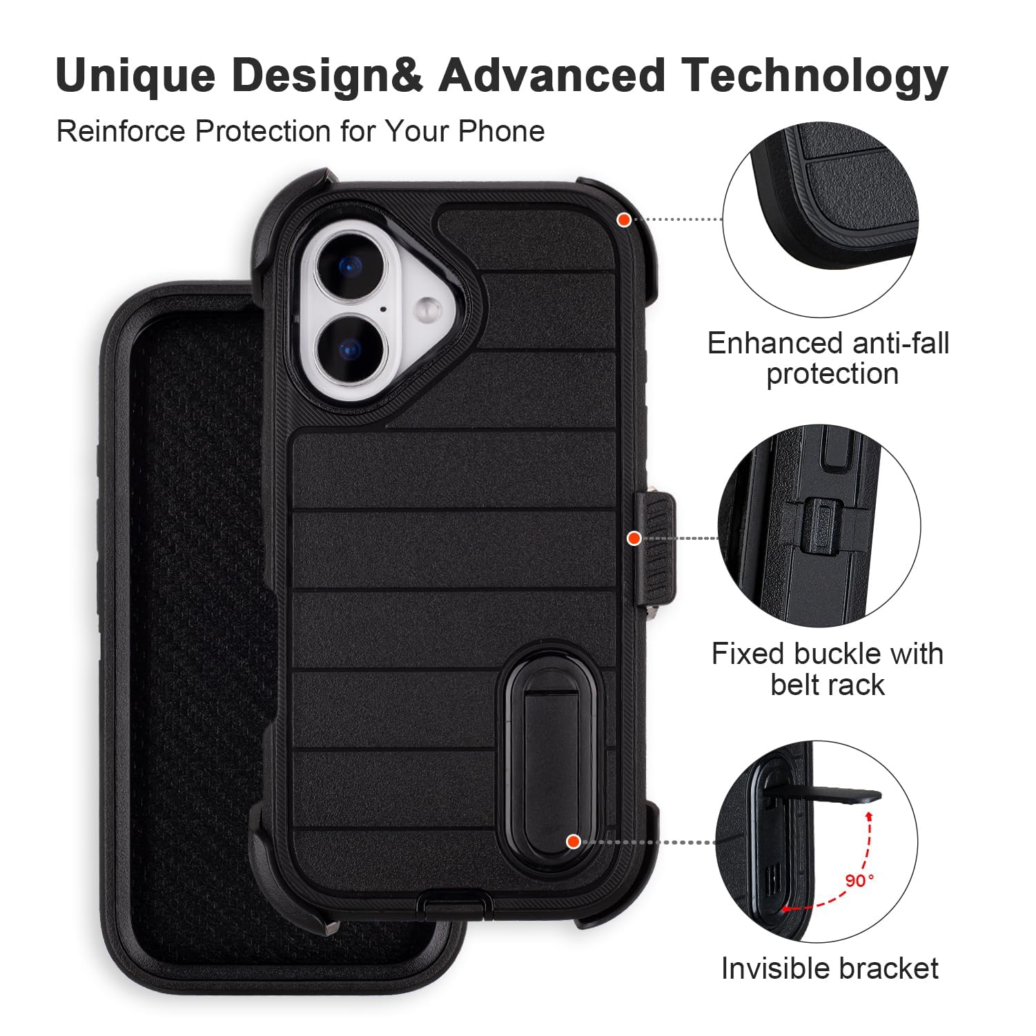 Black for iPhone 16 Case with Belt Clip Holster, Heavy Duty Rugged Military Grade Shockproof Case for iPhone 16 Case Protective Cover with Kickstand 6.1 Inch