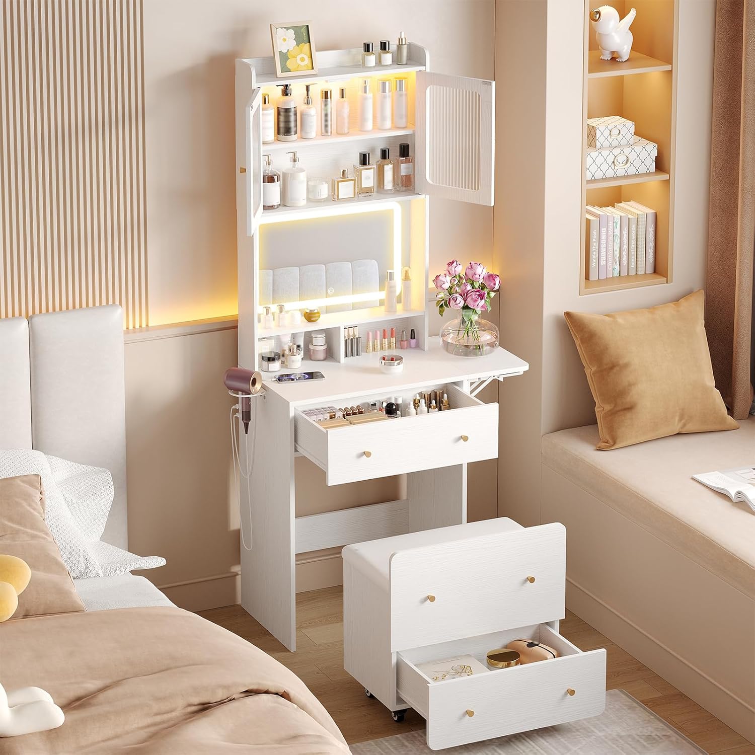 Maupvit Small Vanity Desk with Mirror and Lights, Modern Compact Make Up Vanity Set with Hidden Stool, Charging Station, Drawers, White Narrow Vanity Dressing Table with Fold-up Panel for Small Space