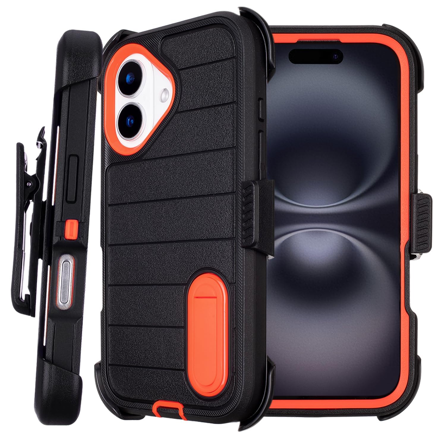 Black for iPhone 16 Case with Belt Clip Holster, Heavy Duty Rugged Military Grade Shockproof Case for iPhone 16 Case Protective Cover with Kickstand 6.1 Inch