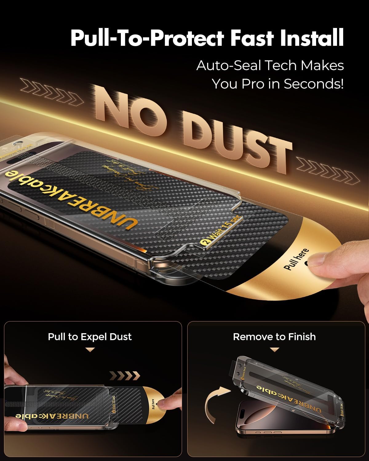 UNBREAKcable Screen Protector for iPhone 16 Pro Max, Pull-To-Protect Easy Installation, Auto Dust-Elimination, 9H+ Military-Grade Tempered Glass, Bubble-Free, Case Friendly, HD Clear, 6.9 Inch, 2 Pack