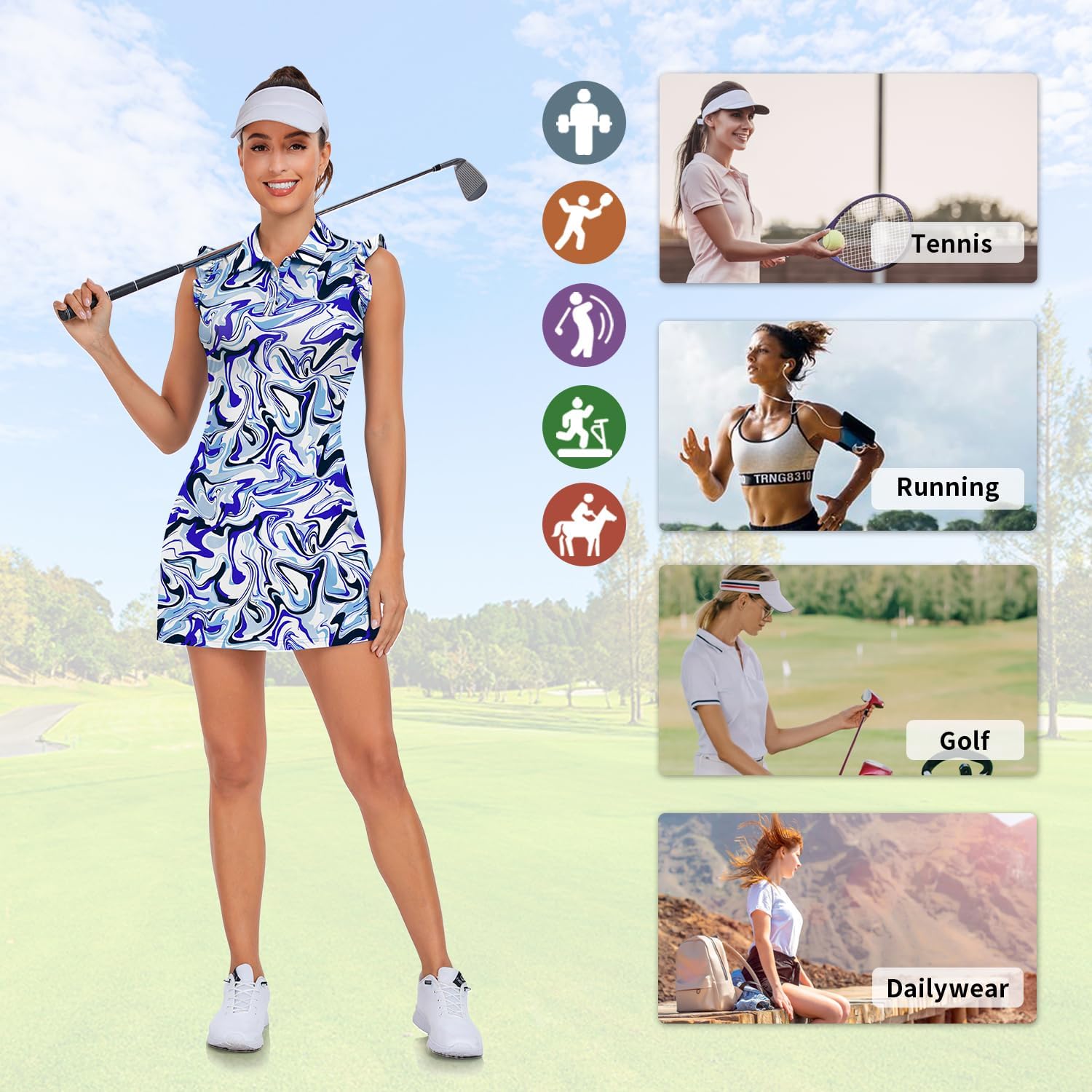 WOWENY Tennis Dress Polo Buttons Golf Dresses with Built in Shorts and Pockets Ruffle Sleeveless Athletic Workout Dress