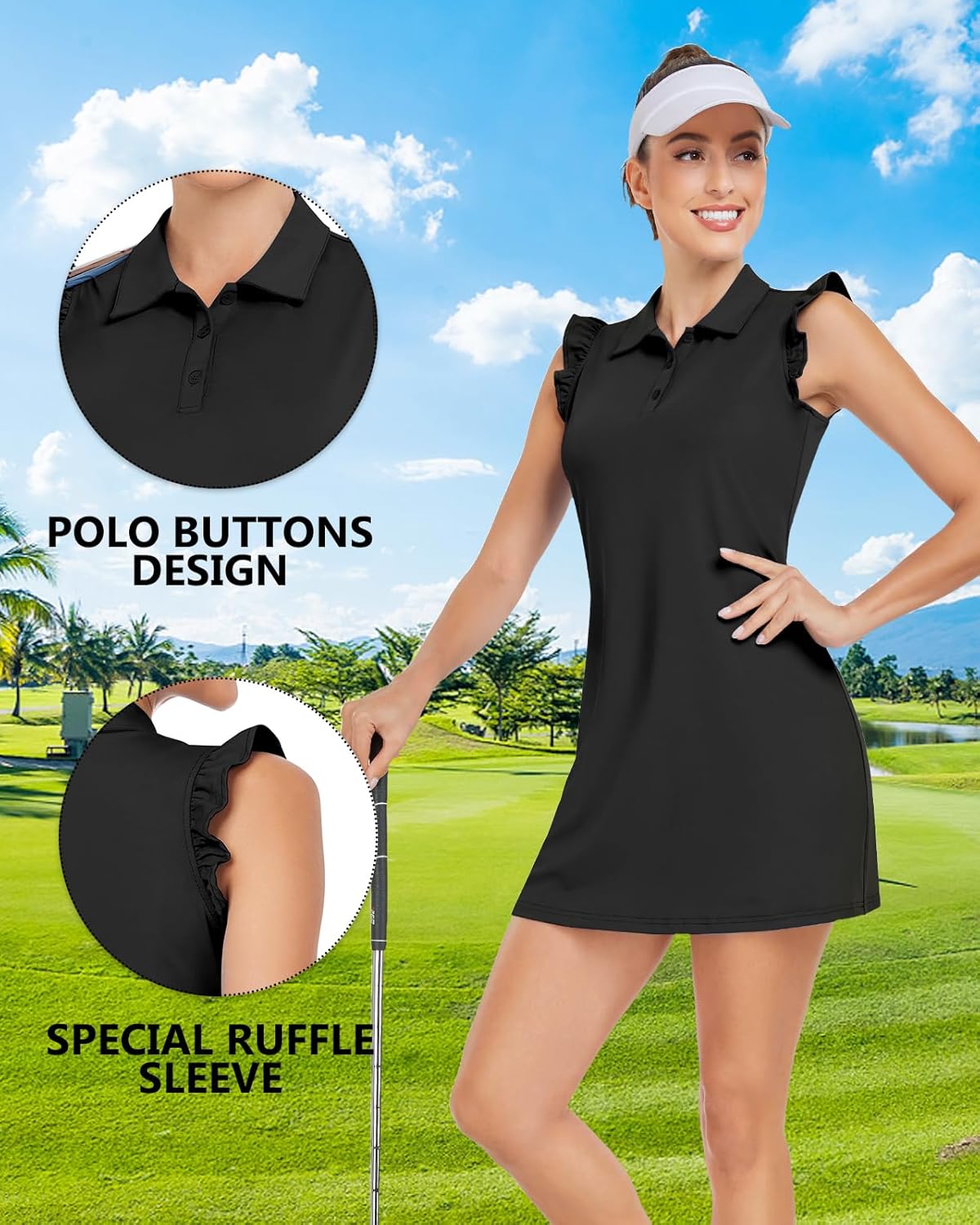 WOWENY Tennis Dress Polo Buttons Golf Dresses with Built in Shorts and Pockets Ruffle Sleeveless Athletic Workout Dress