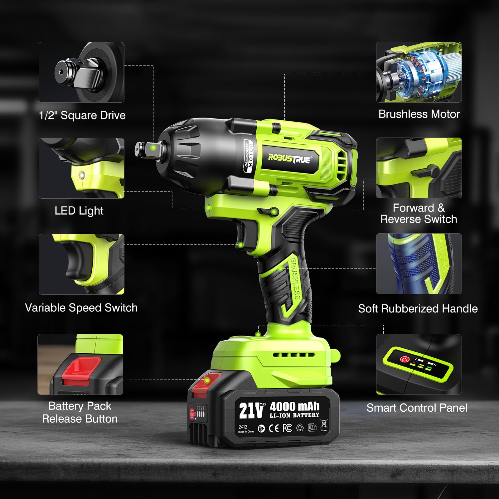 Cordless Impact Wrench, 406Ft-lbs (550N.m) Brushless 1/2 inch, 2800RPM High Torque Impact Gun, 2x 4.0Ah Battery, Charger, 4 Sockets, Electric Impact Wrench for Car Home