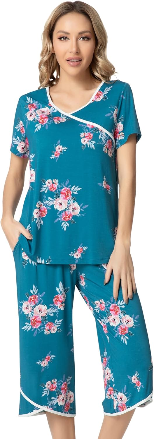 NACHILA Women’s Pajamas-Viscose Made from Bamboo, Short Sleeve Pjs Top with Capri Pajama Sets for Women Cool V Neck Sleepwear