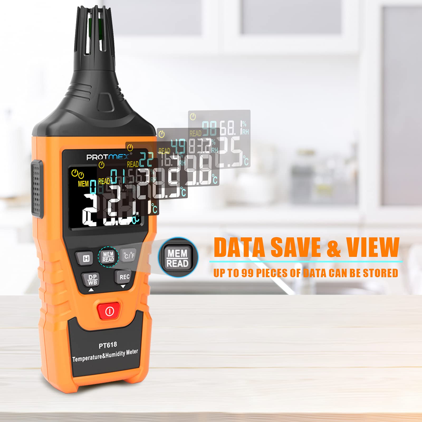 PT6508 Temperature Humidity Meter, Digital Thermometer Hygrometer Monitor with Ambient, Dew Point, Wet Bulb for Indoor/Outdoor MIN, MAX, Data Hold, LCD Backlight