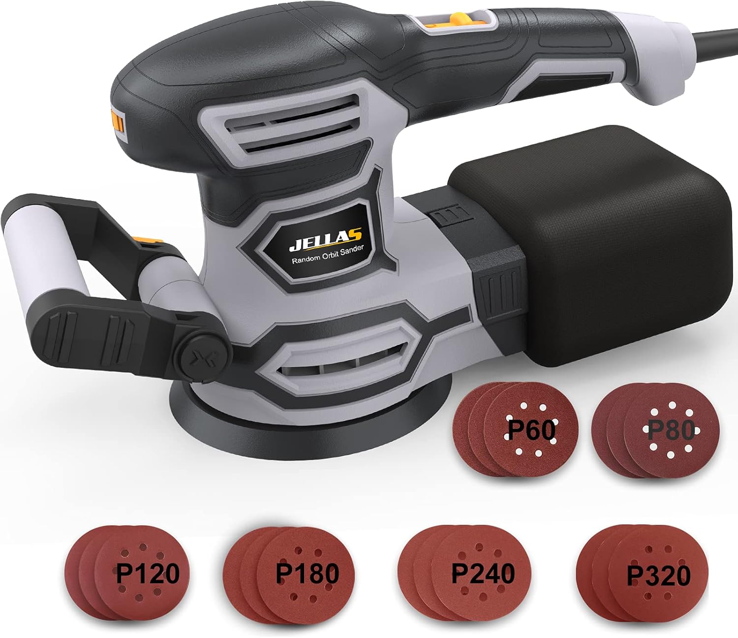 3.8A(450W) Orbital Sander, Jellas 6 Variable Speeds Double Handle Random Orbit Sander, 5-Inch Electric Sander with 18pcs Sandpapers, Dust Collector, Ideal Power Sander for Woodworking(OS450)