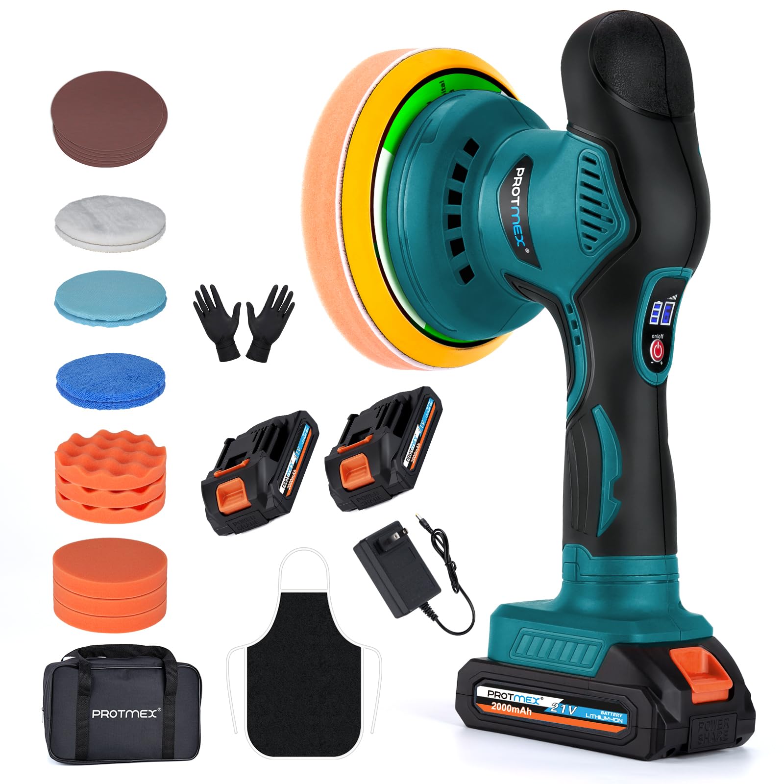 Cordless Car Buffer Polisher w/ 2x2000mAh 21V Batteries, 6 Inch Car buffer Waxer Kit, Car Polishing Machine w/ Extra 18 PCS Attachments & 6 Variable Speed, Car Buffer Polisher for Car Detailing