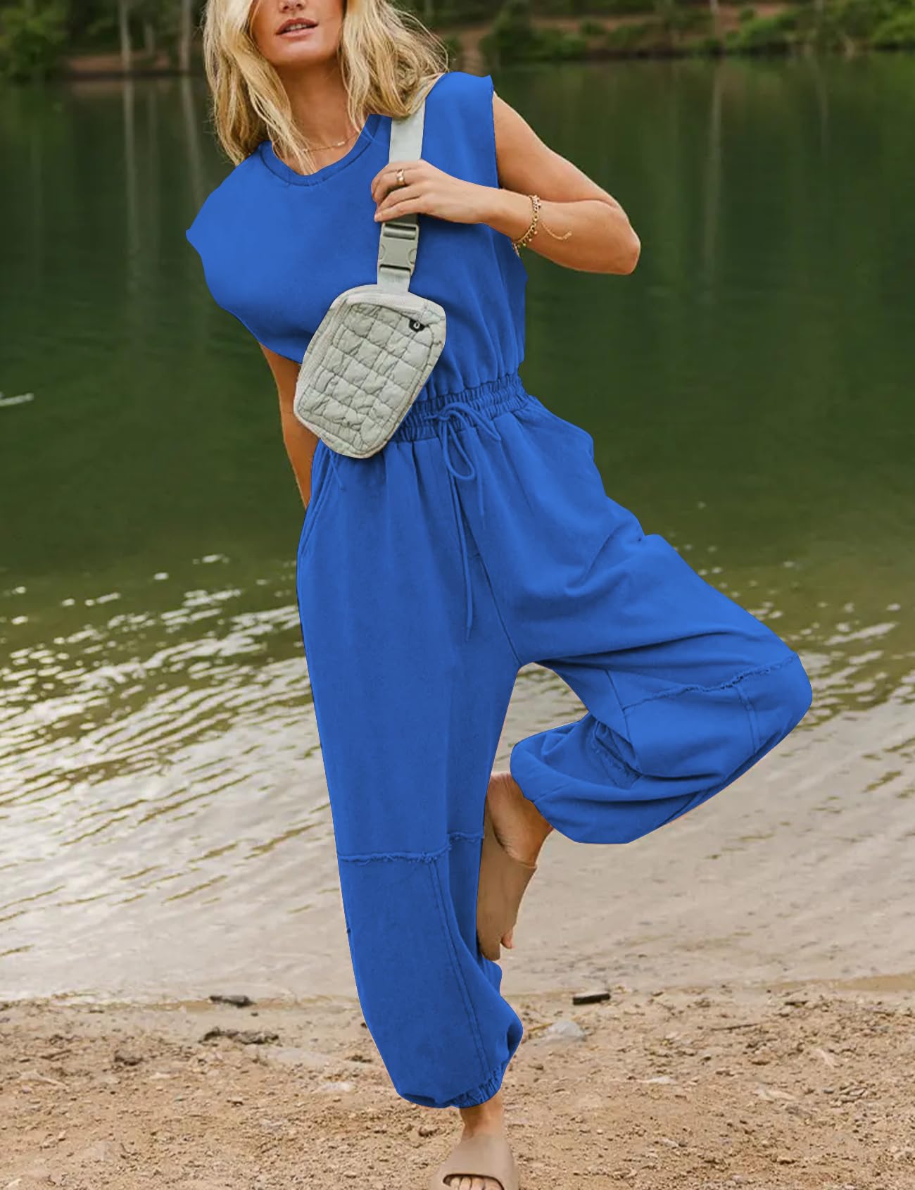 Flygo Womens Casual Jumpsuit Crewneck Cap Sleeve Long Wide Leg Pants One Piece Outfits Drawstring Romper with Pockets(LightGrey-M)