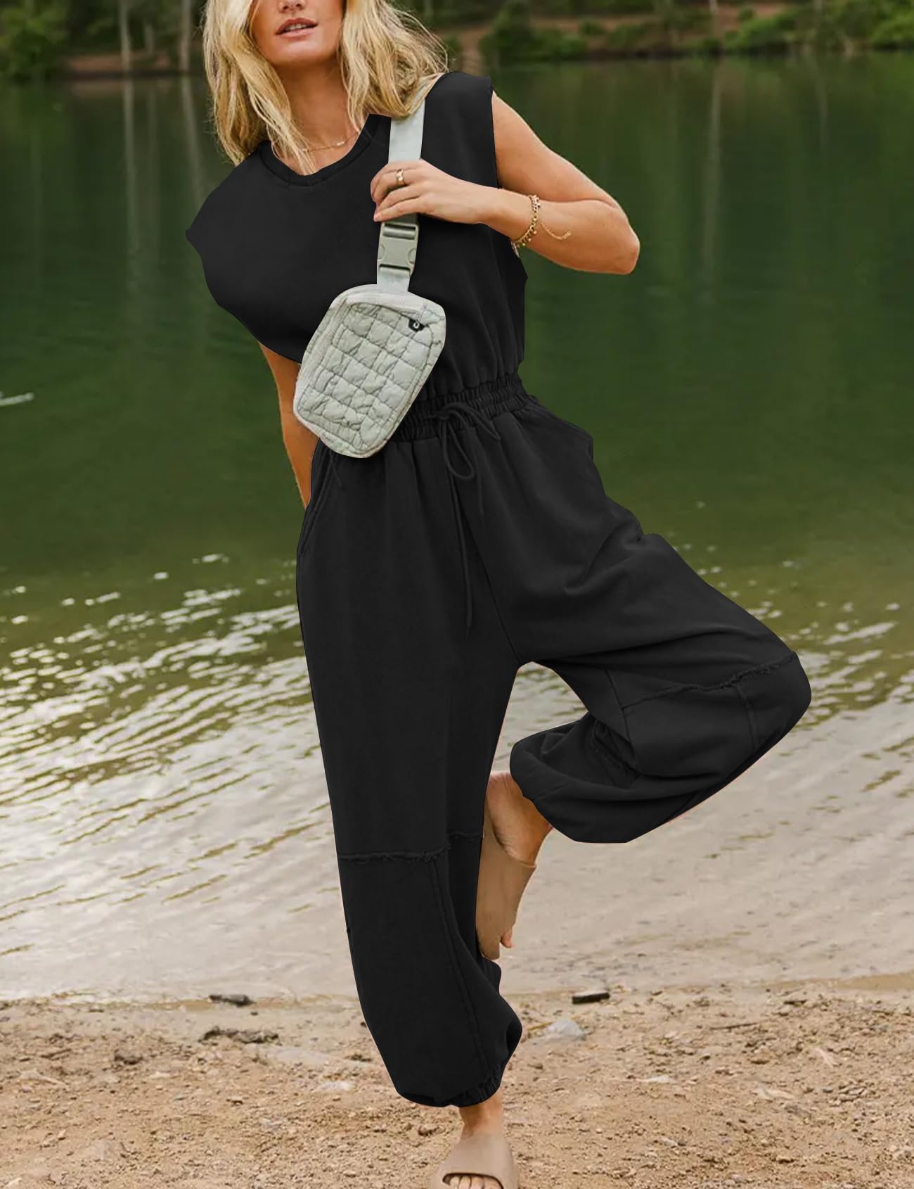 Flygo Womens Casual Jumpsuit Crewneck Cap Sleeve Long Wide Leg Pants One Piece Outfits Drawstring Romper with Pockets(LightGrey-M)