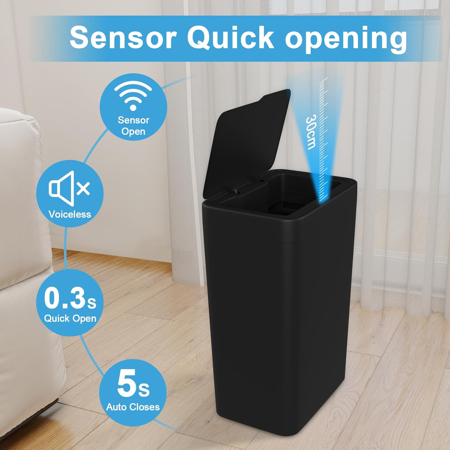 Naisu 2 Pack 4 Gal Bathroom Trash Can with Lid,Automatic Garbage Can with Touchless and Sealed Design,Slim Motion Sensor Waterproof Plastic Trash Bin Suitable for Bedrooms,Bathrooms,Kitchens,(Black)