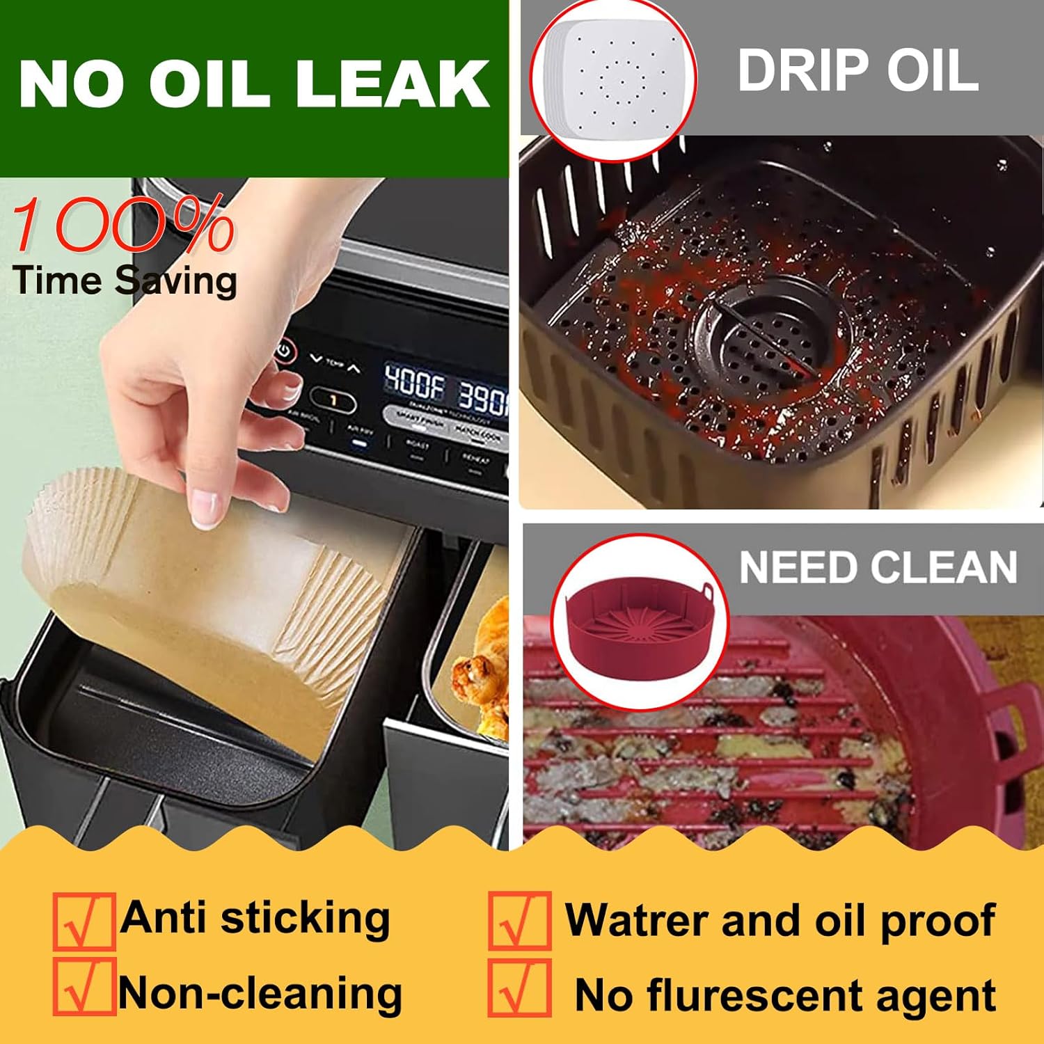 Rectangle Air Fryer Liners for 6 Quart Dual Basket, Ninja double Dual Liners Disposable, 200Pcs Rectangular Parchment Paper Liner for COSORI 9Qt Double Air Fryer with 2 Baskets