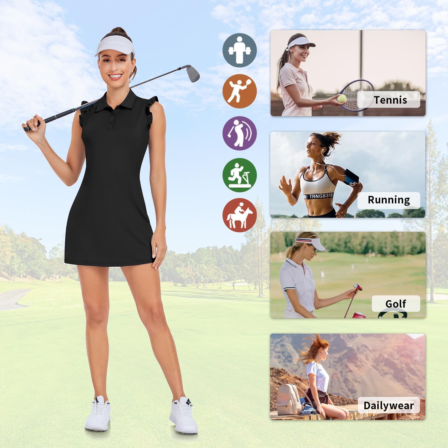 WOWENY Tennis Dress Polo Buttons Golf Dresses with Built in Shorts and Pockets Ruffle Sleeveless Athletic Workout Dress
