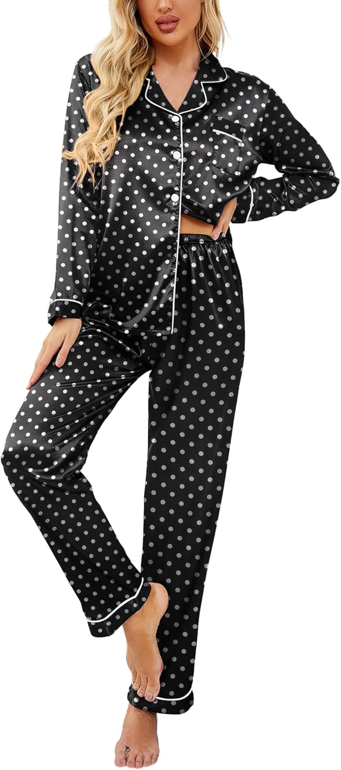 Ekouaer Womens Satin Pajama Set Classic Pattern Silky Pj Sets Button Down Sleepwear Loungewear