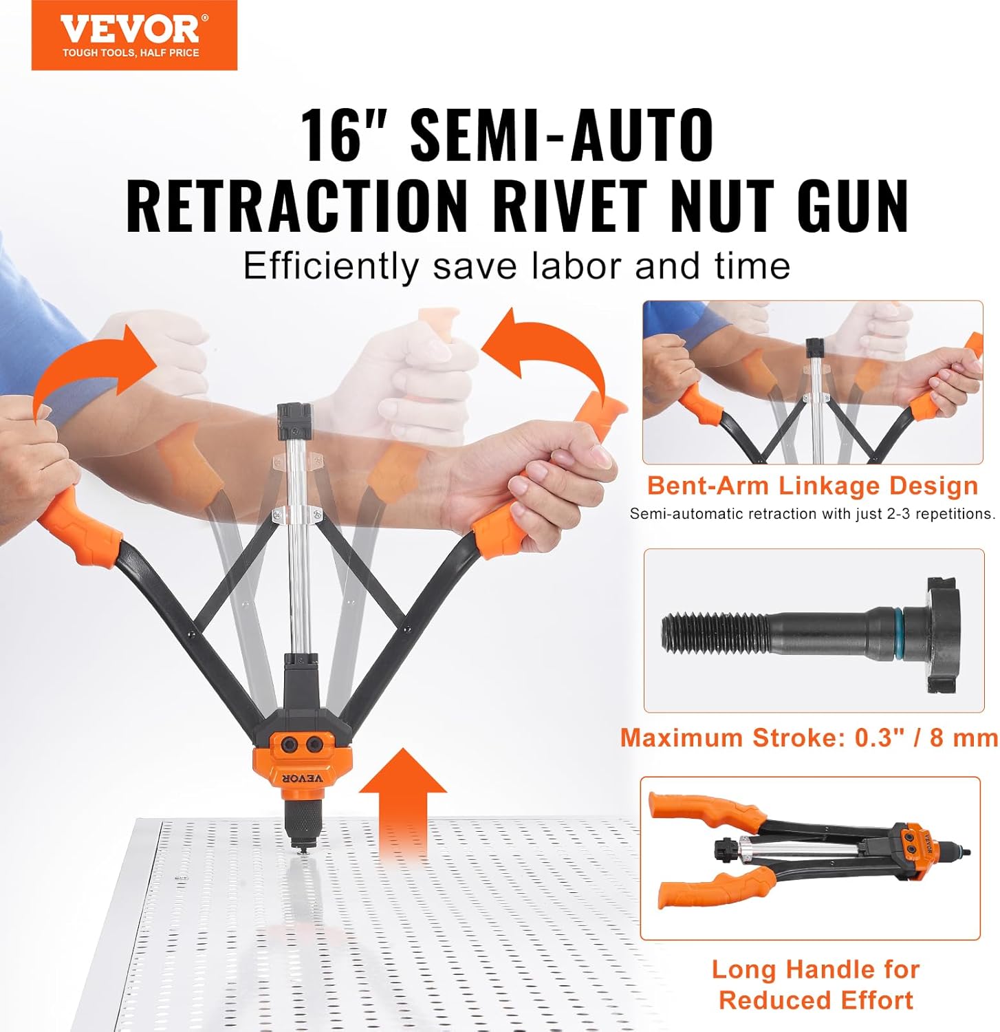 VEVOR Rivet Nut Tool, 16 inch Rivnut Tool Kit with 13PCS Metric and SAE Mandrels, 186PCS Rivet Nuts, Semi-auto Retraction, M3, M4, M5, M6, M8, M10, M12, 1/4-20, 5/16-18, 3/8-16, 1/2-13, 8-32, 10-24
