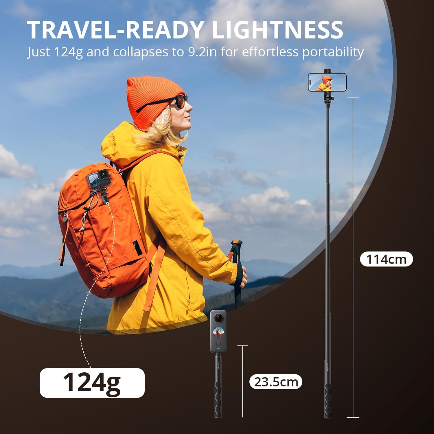 ATUMTEK 45" Invisible Selfie Stick, 1/4" Extended Monopod Pole, Solid and Compact Design for Insta360, for GoPro, DJI, Action Camera (Buckle Mount for GoPro and Wrist Strap Included)