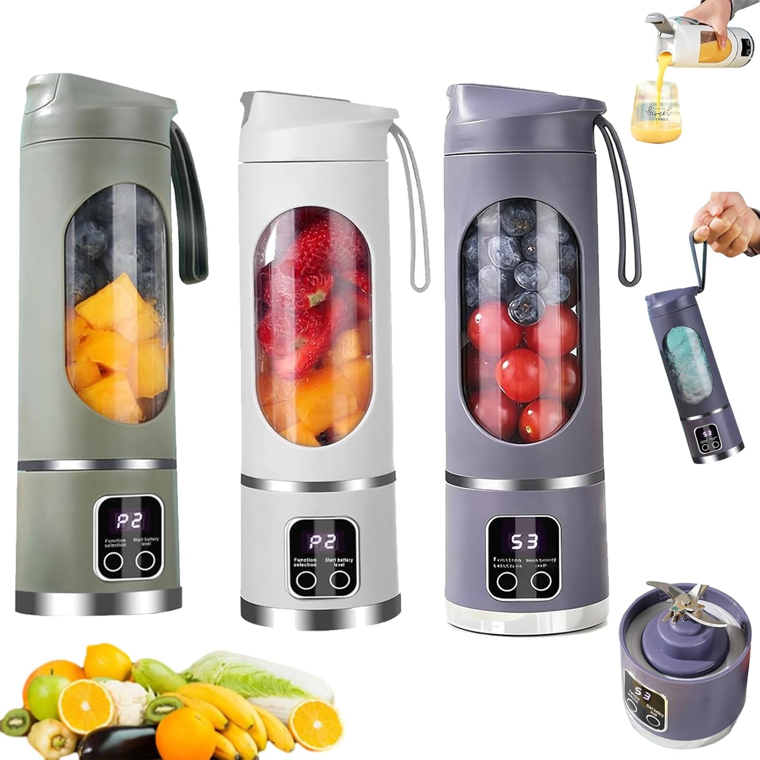 Digital Multimode Juicer Blender, Portable Blender Personal Electric,500ml Portable Juicer For Shakes And Smoothies, Best For Home & Travel (2PCS White Army Green)