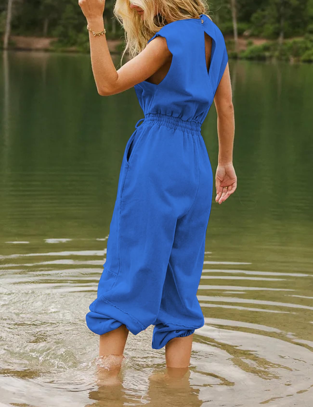 Flygo Womens Casual Jumpsuit Crewneck Cap Sleeve Long Wide Leg Pants One Piece Outfits Drawstring Romper with Pockets(LightGrey-M)