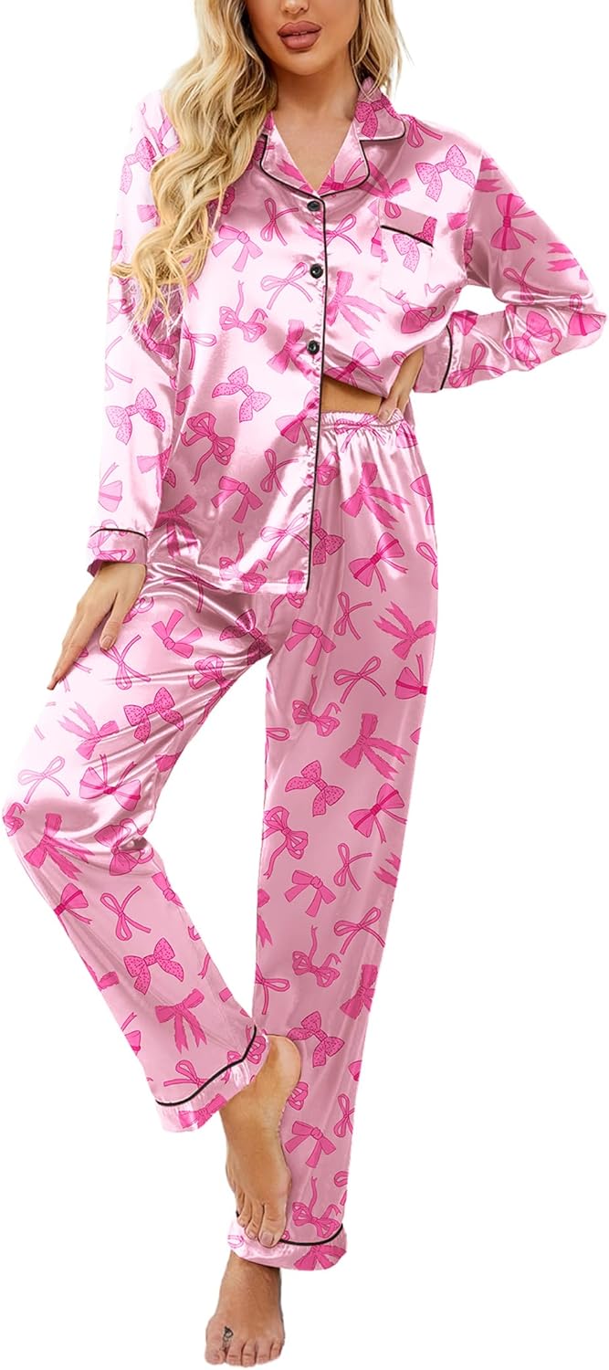 Ekouaer Womens Satin Pajama Set Classic Pattern Silky Pj Sets Button Down Sleepwear Loungewear