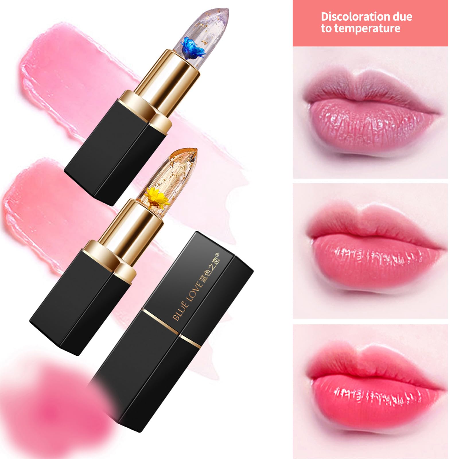 BLUE LOVE Color Changing Flower Lipstick - Hydrating Jelly Lip Balm with Flower, Long-Lasting Moisturizer & Nourishing Lip Gloss (Blue&Gold, 2 Count (Pack of 1))