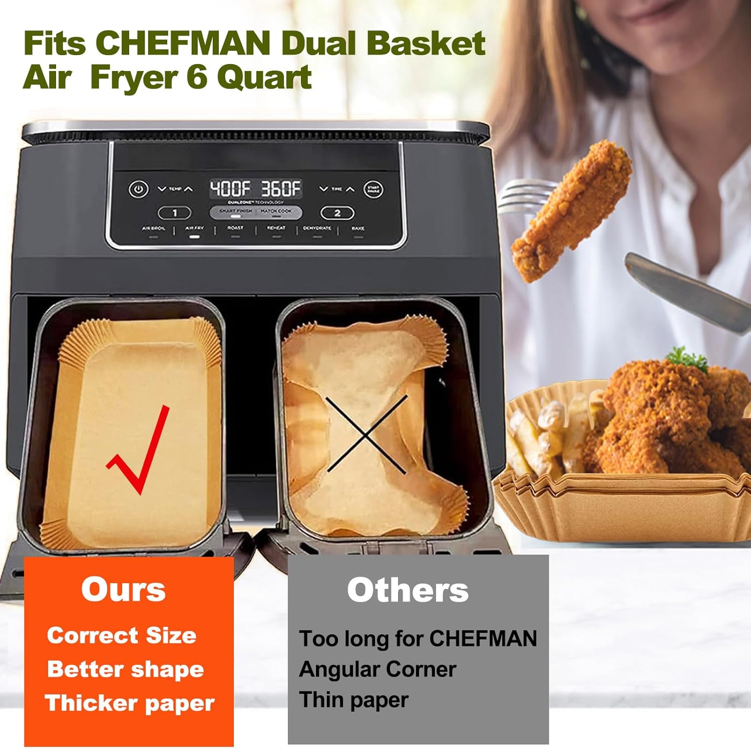 Rectangle Air Fryer Liners for 6 Quart Dual Basket, Ninja double Dual Liners Disposable, 200Pcs Rectangular Parchment Paper Liner for COSORI 9Qt Double Air Fryer with 2 Baskets