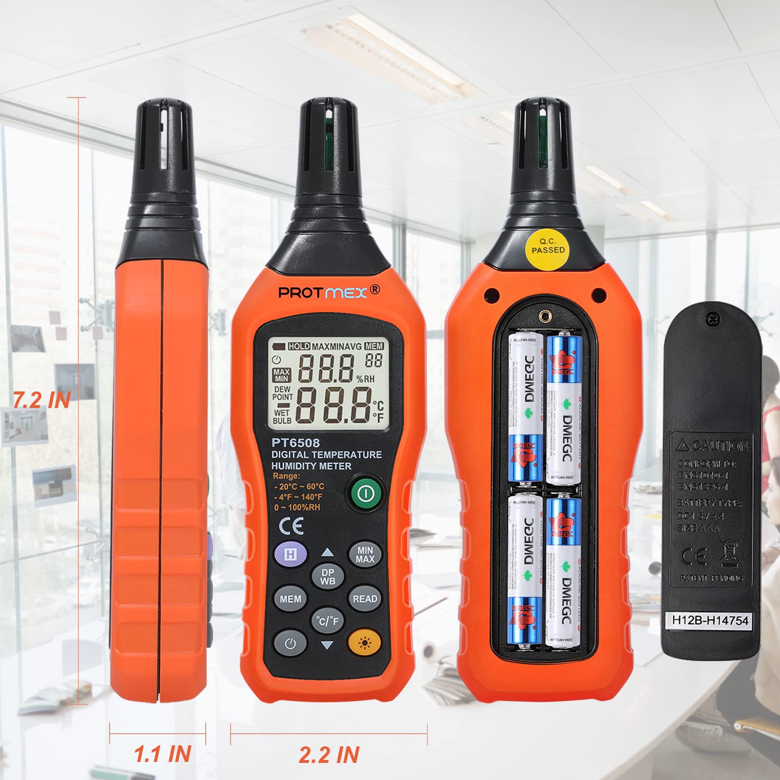 Digital Temperature Humidity Meter, Thermometer Hygrometer with Ambient Dew Point and Wet Bulb Temperature Indoor and Outdoor, Data Logger with Min/Max Hold, LCD Backlight, PT6508