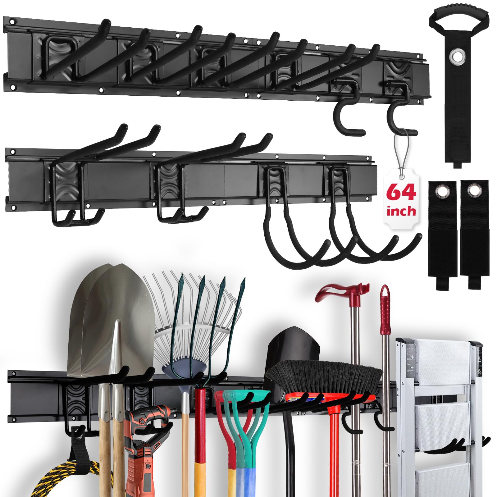 48" Heavy Duty Garage Wall Organizer, Wall Mount Tool Storage Rack with Adjustable Hooks, Garden Tool Organizer Hold Up to 300lbs, Easy Installation (3 Panels, 8 Hooks, 3 Straps)