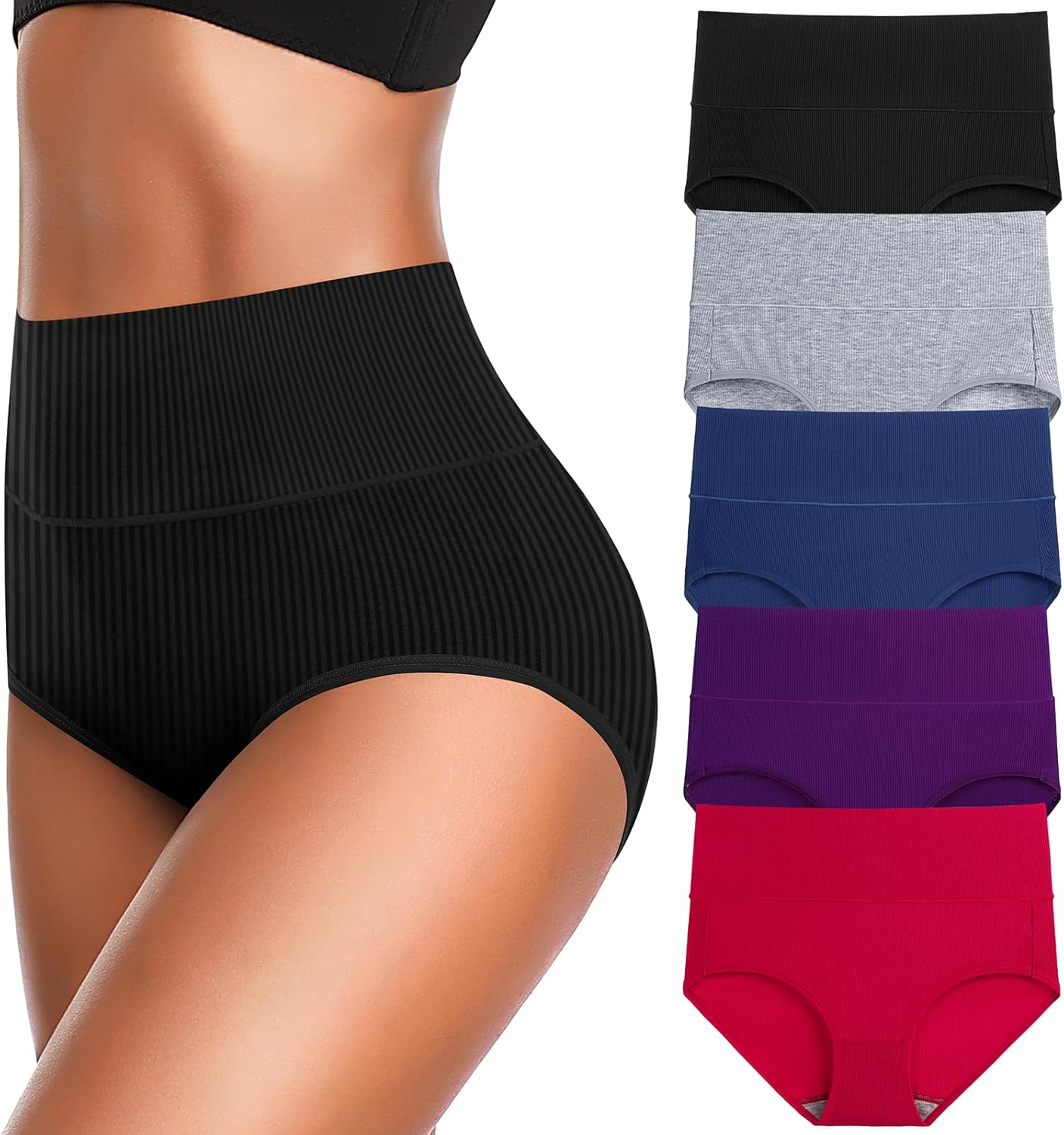 Women's High Waist Cotton Underwear Super Stretchy Briefs Full Coverage Panties Soft Women Panties 5-Pack