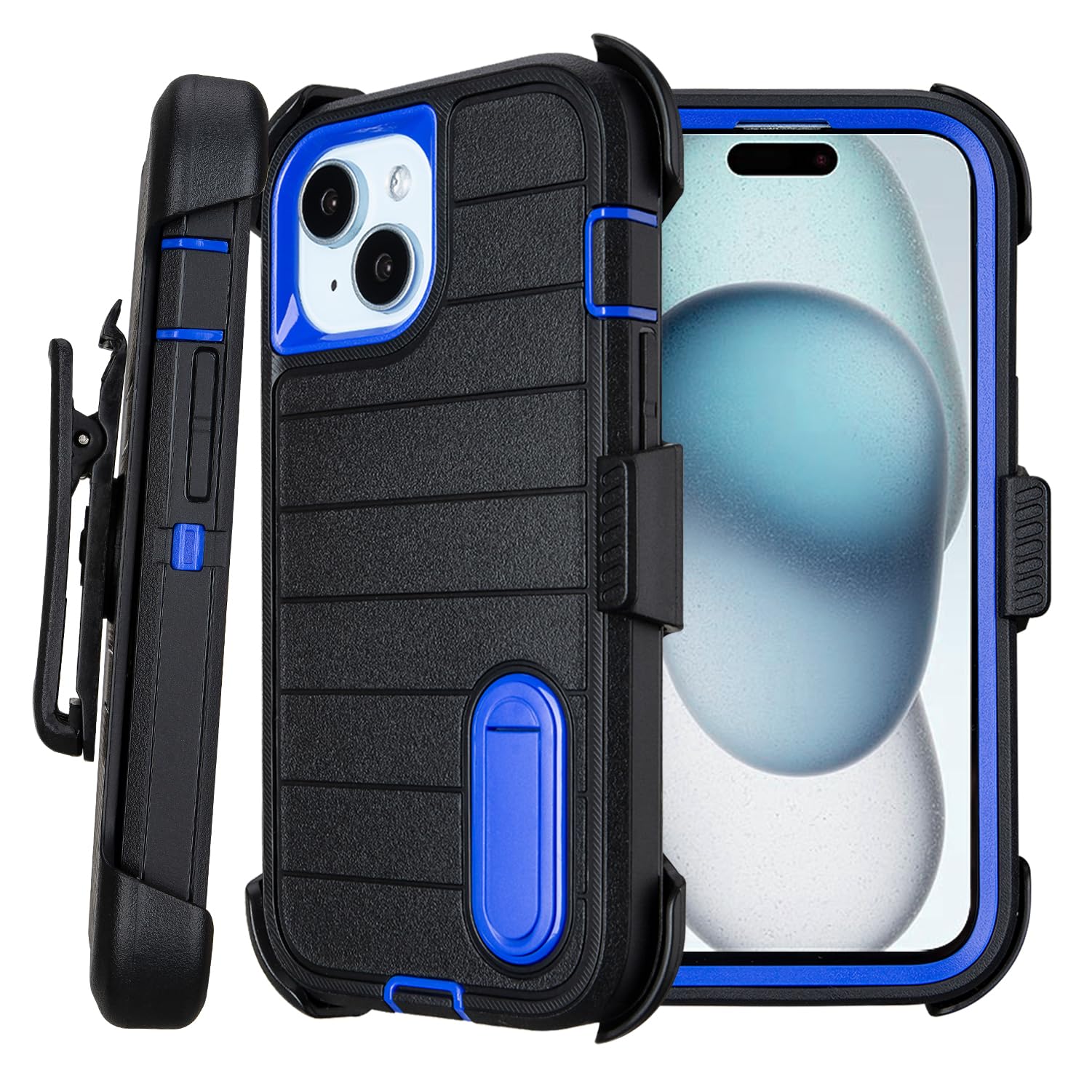 for Rugged iPhone 15 Case with Belt Clip Holster, Military Grade Heavy Duty Shockproof Cover for iPhone15 Case Protective with Stand 6.1 Inch (Black+Blue)