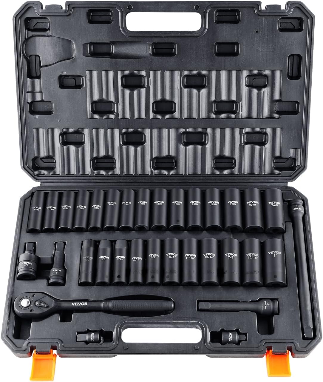 VEVOR 1/2" Drive Impact Socket Set, 65 Piece SAE 3/8" to 1-1/4" and Metric 10-24mm, 6 Point Cr-V Alloy Steel for Auto Repair, Easy-to-Read Size Markings, Rugged Construction, Storage Case