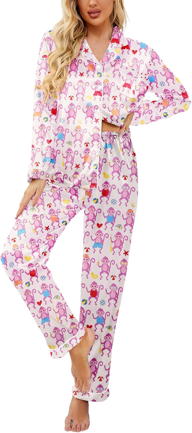 Ekouaer Womens Satin Pajama Set Classic Pattern Silky Pj Sets Button Down Sleepwear Loungewear