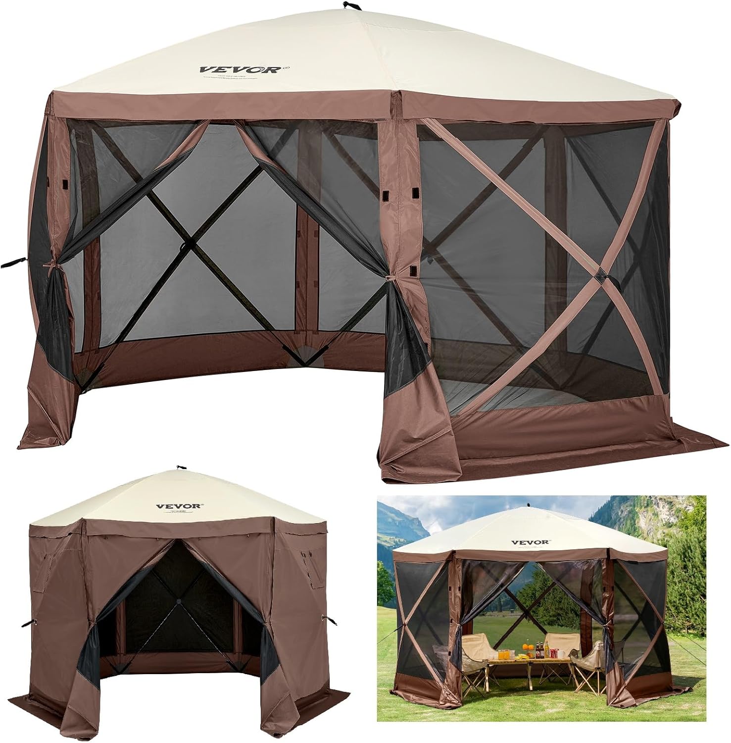 VEVOR 12 * 12ft 6 Sided Pop-up Canopy Shelter Tent with Mesh Windows, Portable Carry Bag, Stakes, Large Shade Tents for Outdoor Camping, Lawn and Backyard, Brown/Beige