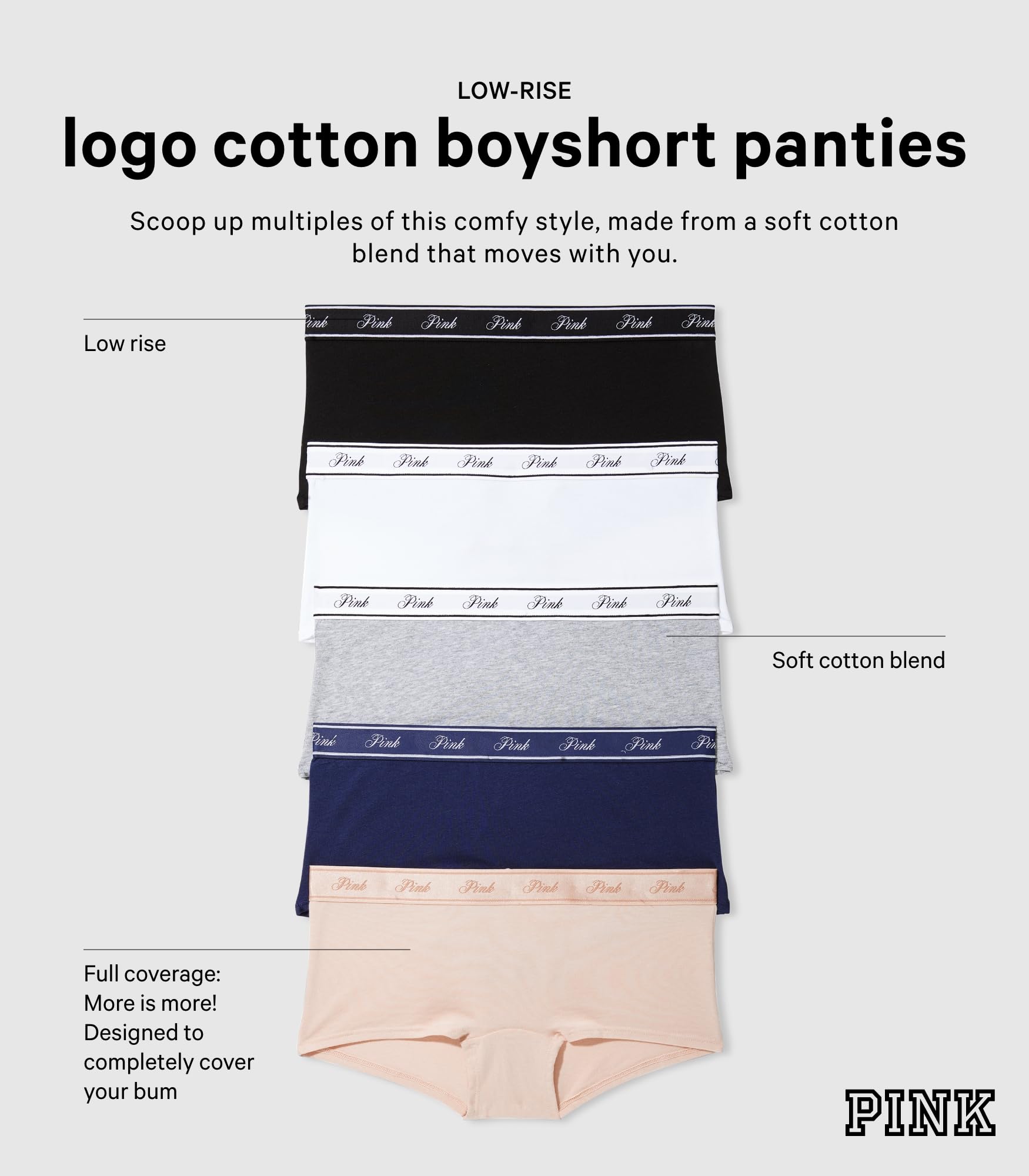 Victoria's Secret PINK Cotton Logo Boyshort Panty Pack, Panties for Women, Fall Basic Pack, M