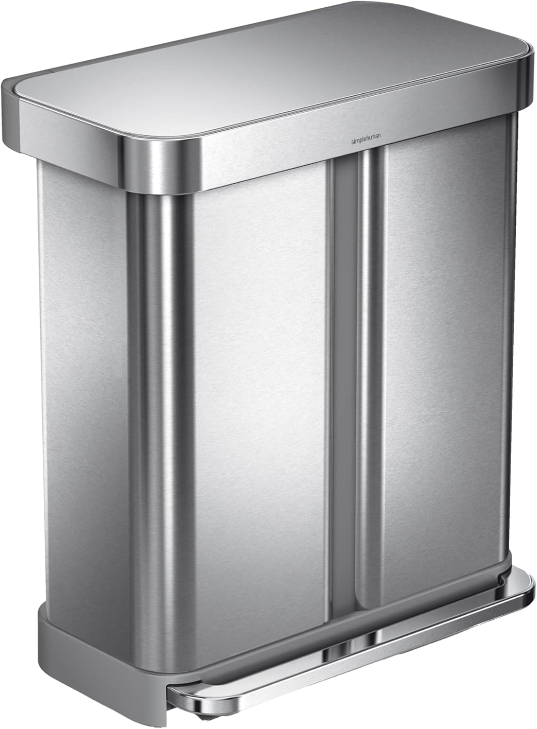 simplehuman 58 Liter / 15.3 Gallon Rectangular Hands-Free Dual Compartment Recycling Kitchen Step Trash Can with Soft-Close Lid, Brushed Stainless Steel