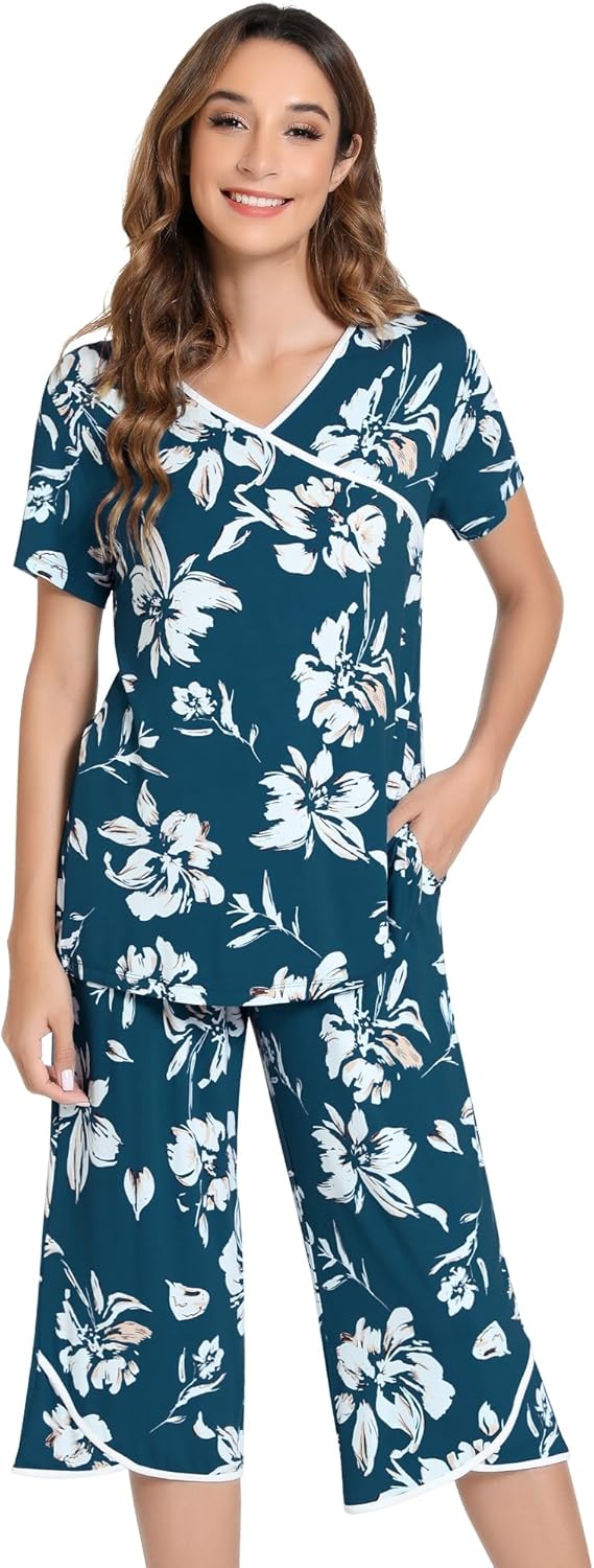 NACHILA Women’s Pajamas-Viscose Made from Bamboo, Short Sleeve Pjs Top with Capri Pajama Sets for Women Cool V Neck Sleepwear