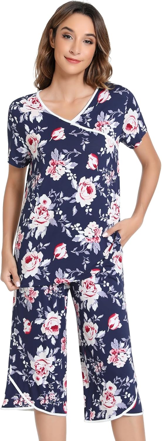 NACHILA Women’s Pajamas-Viscose Made from Bamboo, Short Sleeve Pjs Top with Capri Pajama Sets for Women Cool V Neck Sleepwear