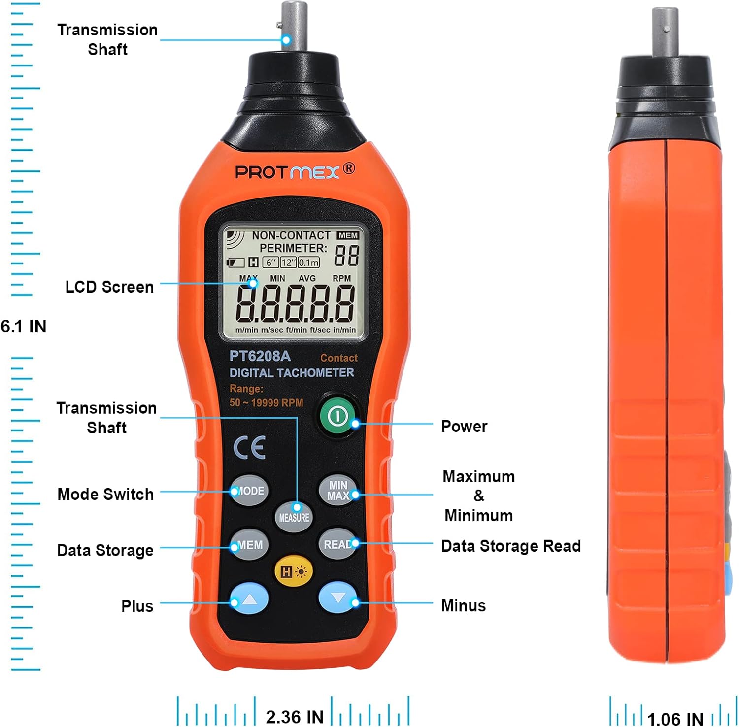 PT6208A Digital Contact Tachometer, Contact Measurement Speed Tach Meter, 50-19999RPM Speed Meter, Contact Tach RPM Meter with 100 Groups Data Logging, Data Hold, Max/Min/AVG, Backlight