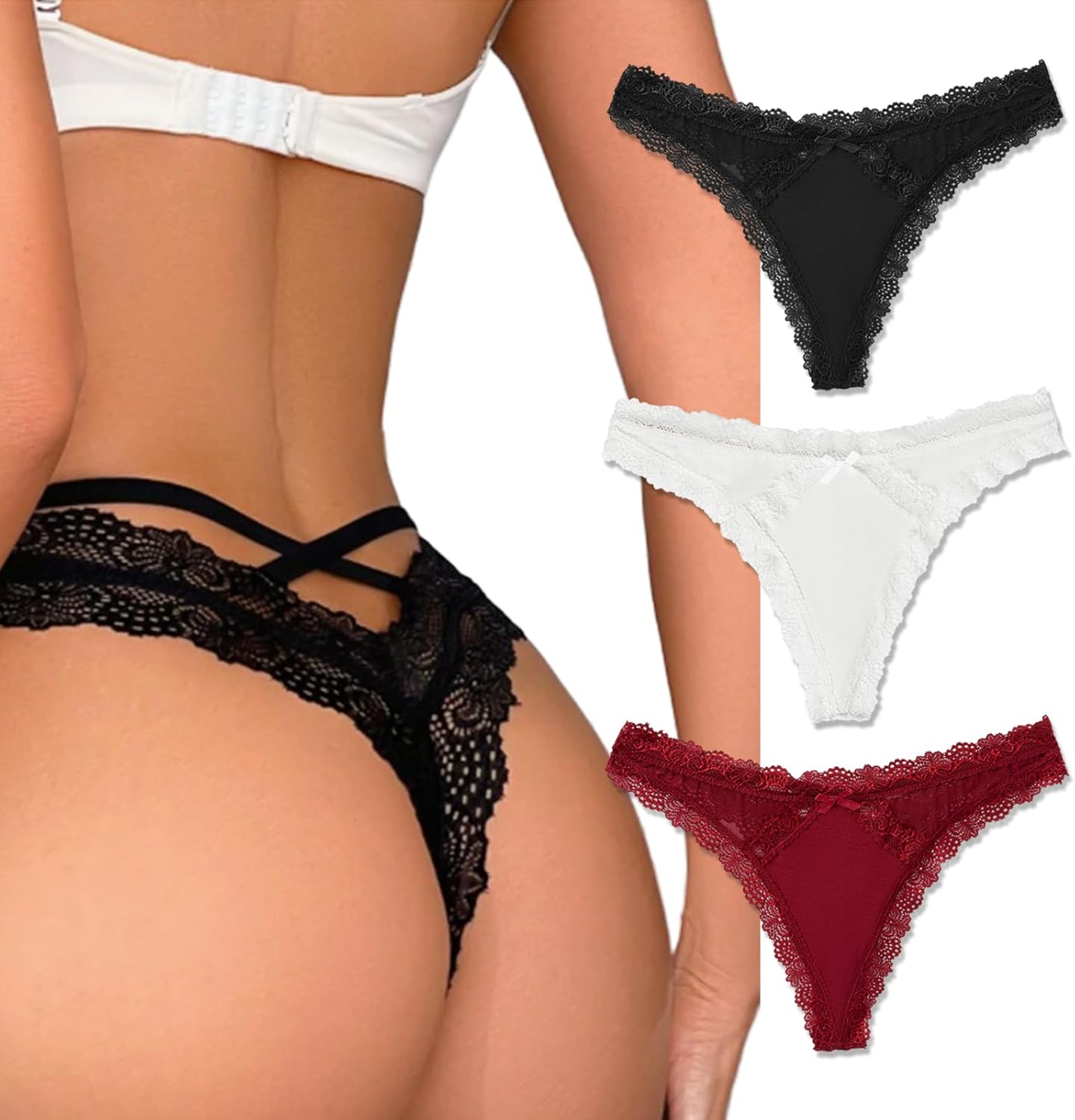 Avidlove Womens Underwear Sexy Lace Panties Low Rise Thong Bikini with Criss Cross Back Breathable Tangas 1-3 Packs