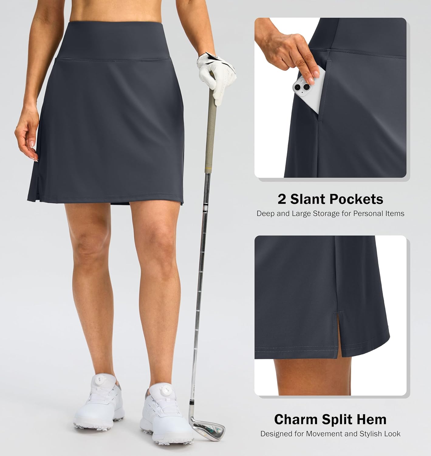 SANTINY 18" Skorts for Women 3 Pockets High Waist Long Athletic Tennis Skirt Golf Skort for Casual Summer Travel