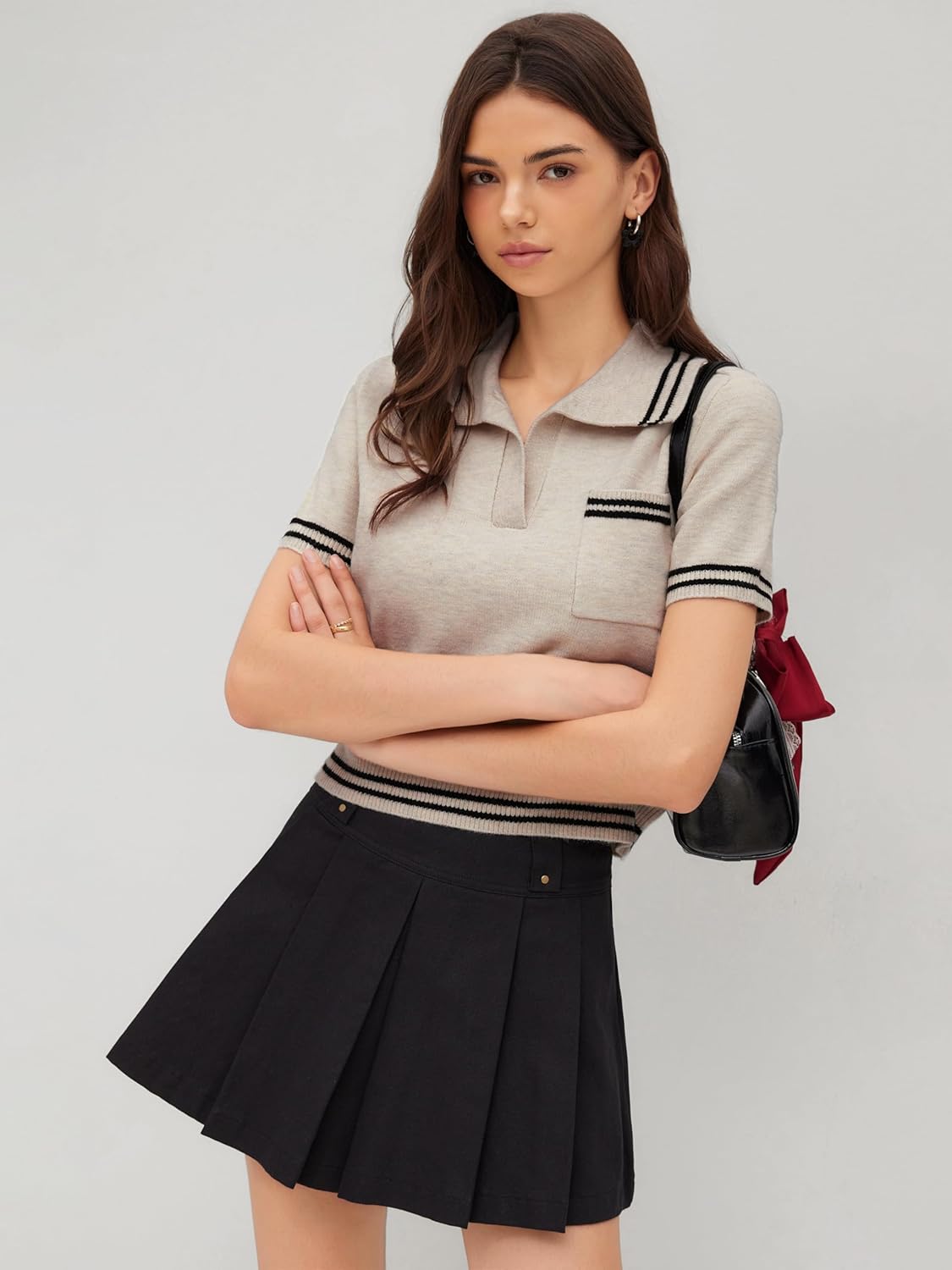 CIDER Short Sleeve Sweater Knit Top Collar Neck Stripe Pullover Casual Elegant Women’s Collared Sweaters