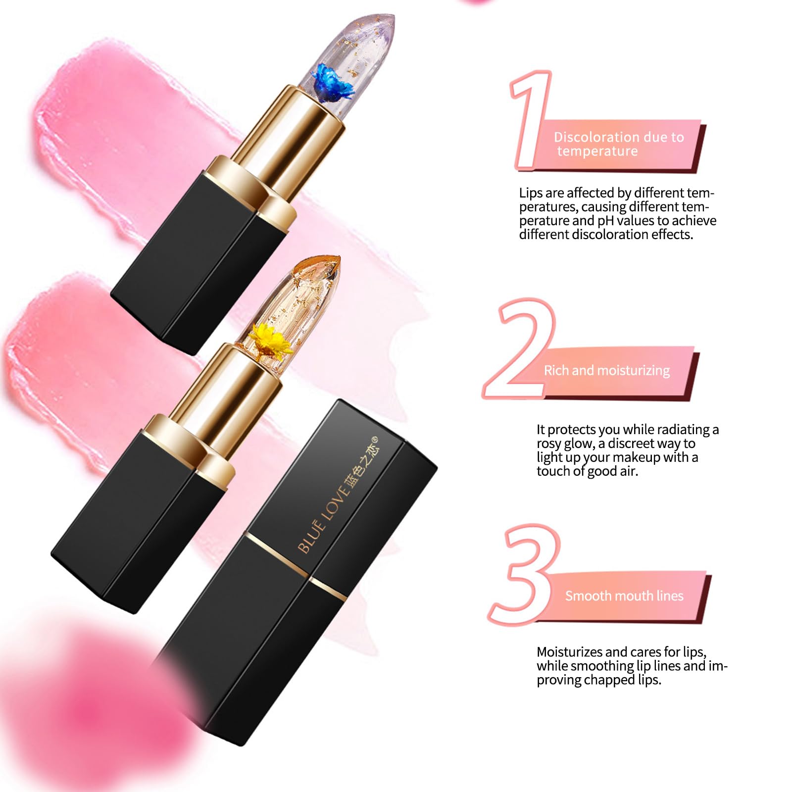BLUE LOVE Color Changing Flower Lipstick - Hydrating Jelly Lip Balm with Flower, Long-Lasting Moisturizer & Nourishing Lip Gloss (Blue&Gold, 2 Count (Pack of 1))