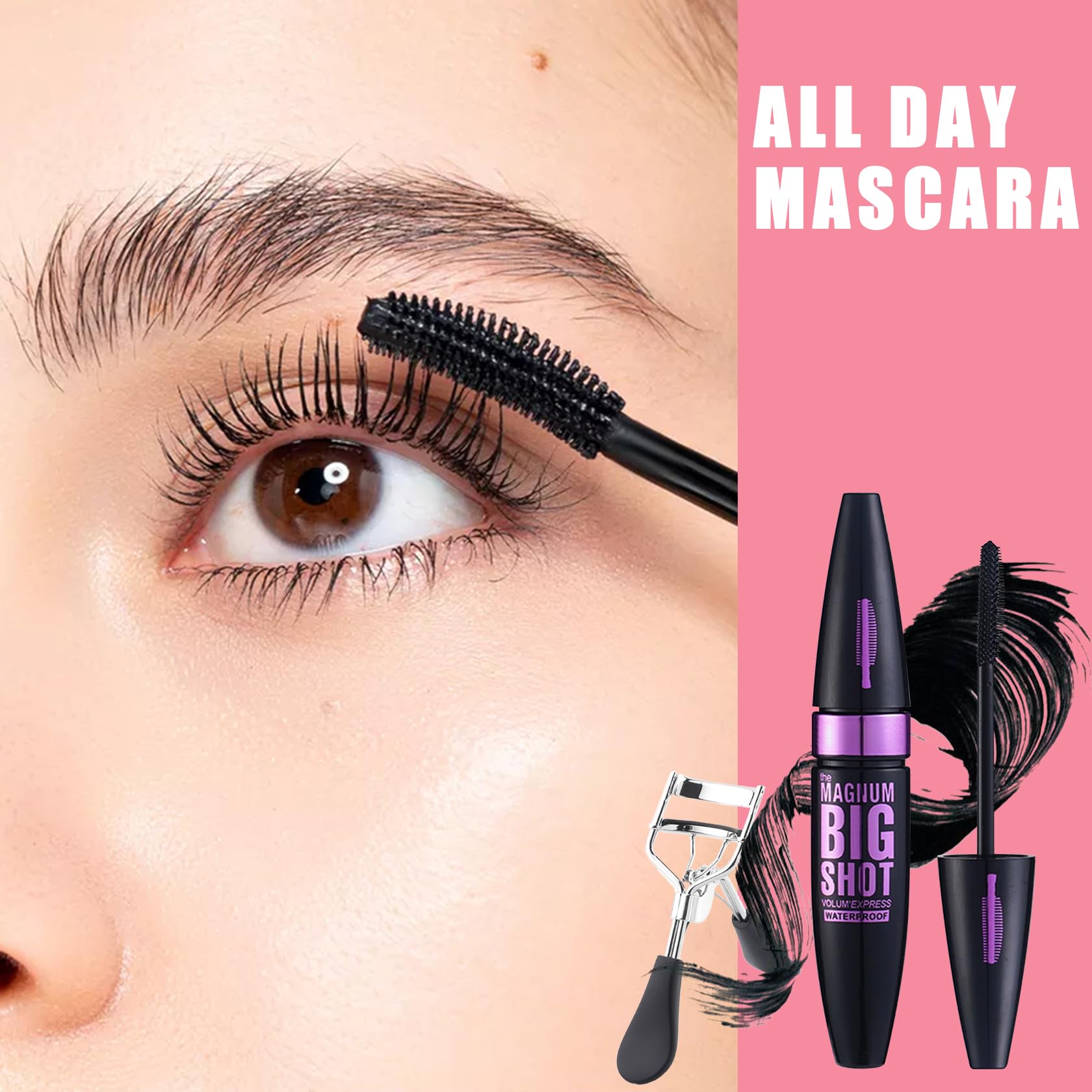 Black Telescopic Mascara Set,3PCS Black Mascara Volume and Length for Eye Makeup,Waterproofing No Clumping Tubing Mascara,No Smudging Curly Black Mascara with Eyelash Curler