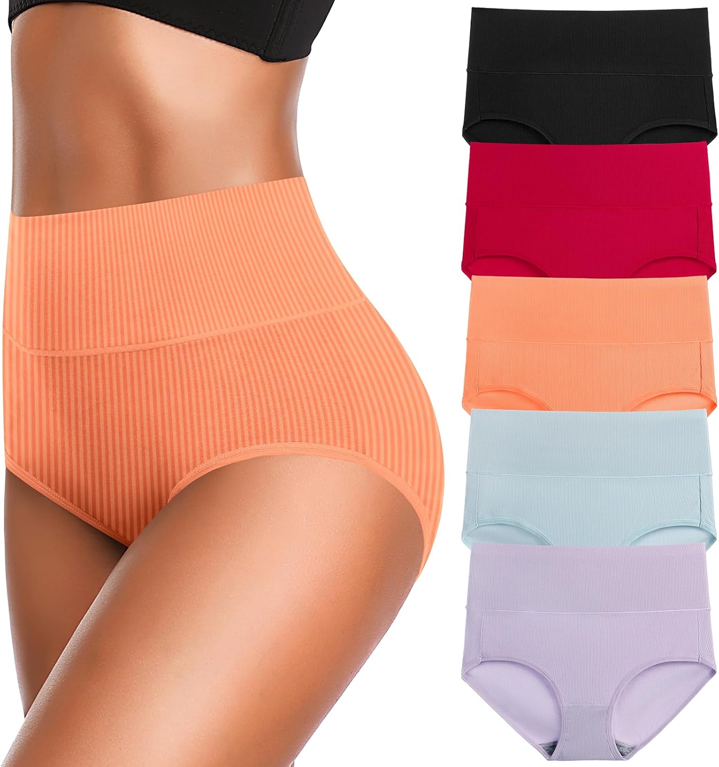 Women's High Waist Cotton Underwear Super Stretchy Briefs Full Coverage Panties Soft Women Panties 5-Pack