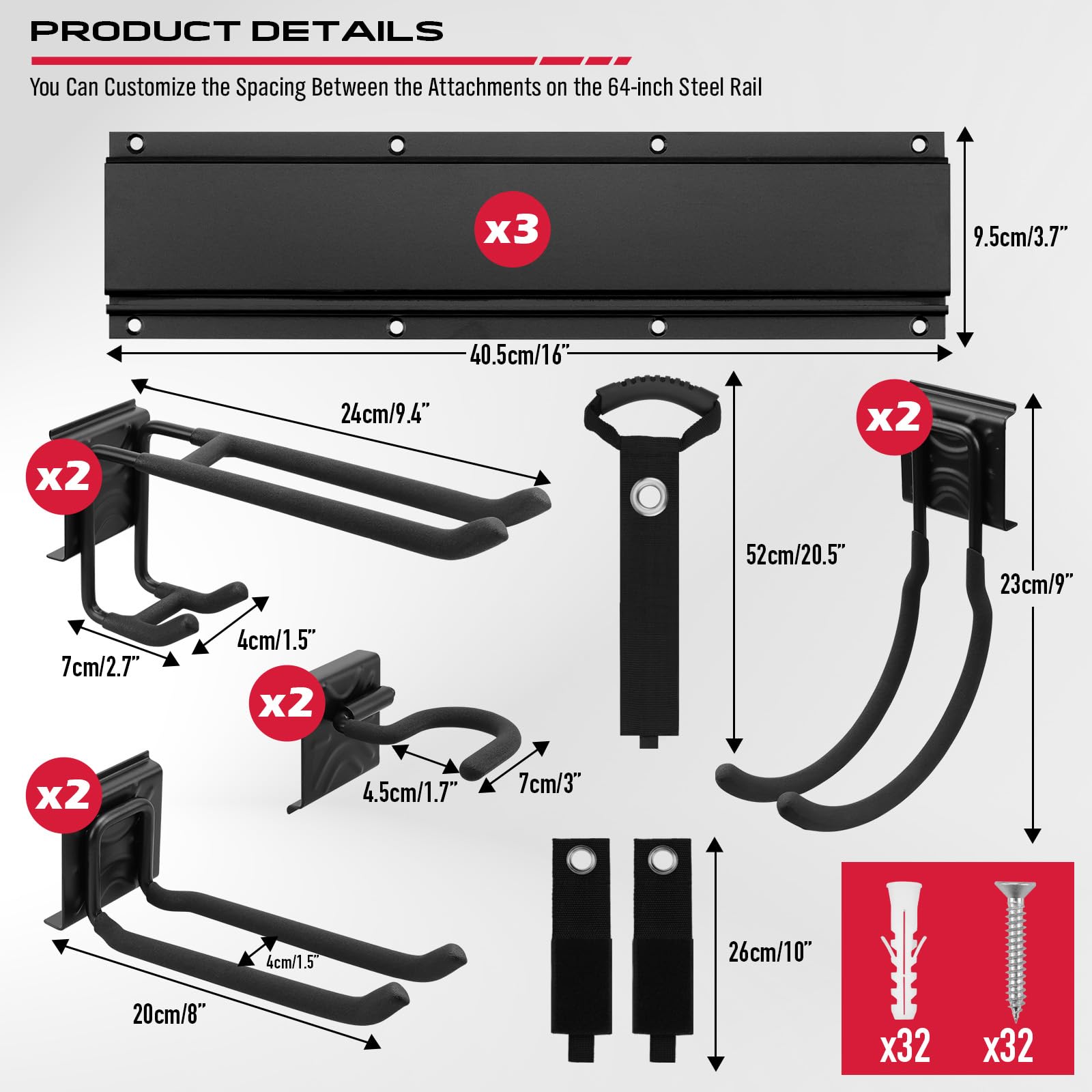 48" Heavy Duty Garage Wall Organizer, Wall Mount Tool Storage Rack with Adjustable Hooks, Garden Tool Organizer Hold Up to 300lbs, Easy Installation (3 Panels, 8 Hooks, 3 Straps)