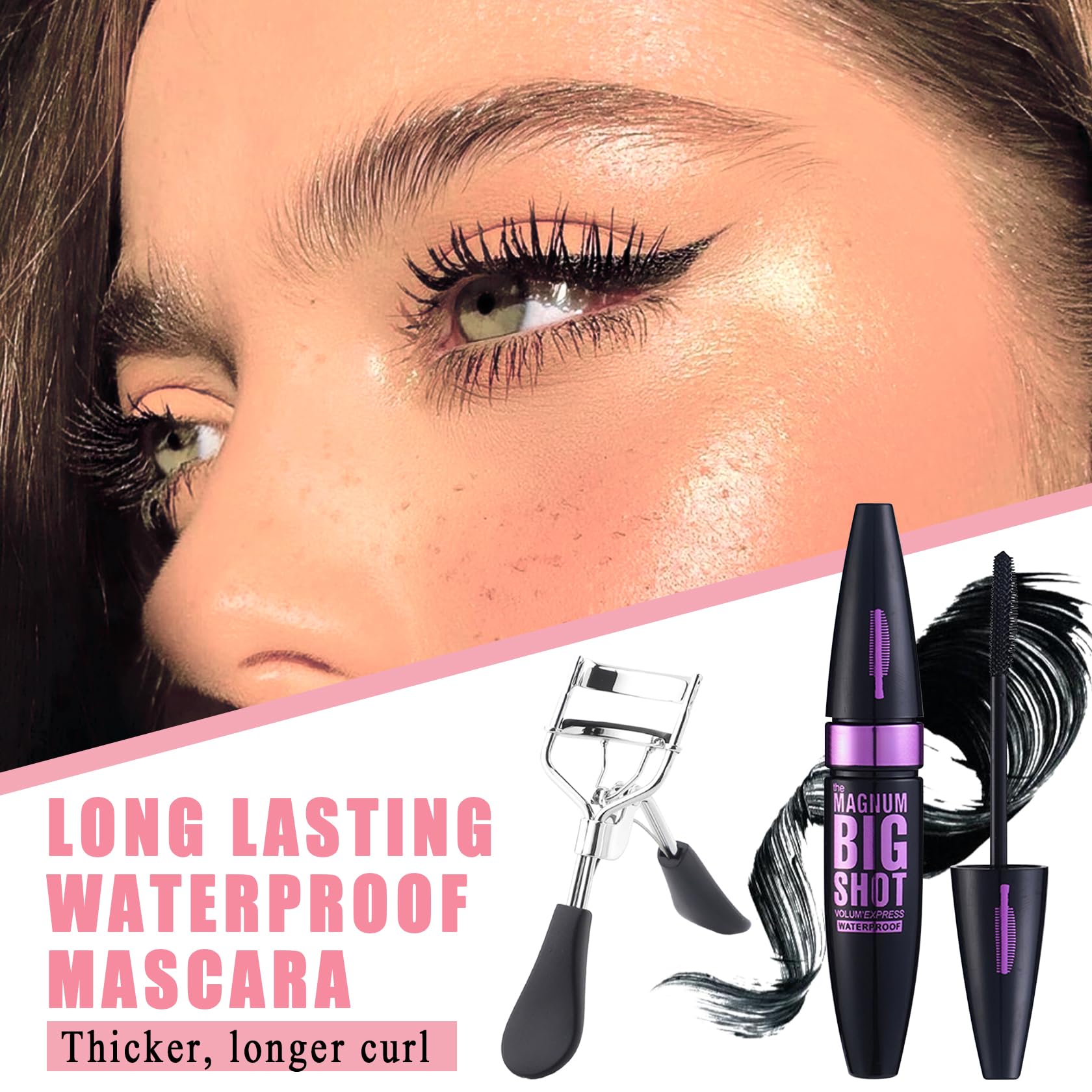 Black Telescopic Mascara Set,3PCS Black Mascara Volume and Length for Eye Makeup,Waterproofing No Clumping Tubing Mascara,No Smudging Curly Black Mascara with Eyelash Curler