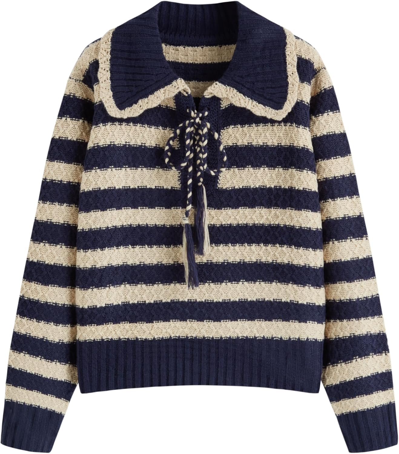 CIDER Striped Sweaters for Women Collar Knit Long Sleeve Knotted Loose Fit Pullover Winter Sweater Fall Tops