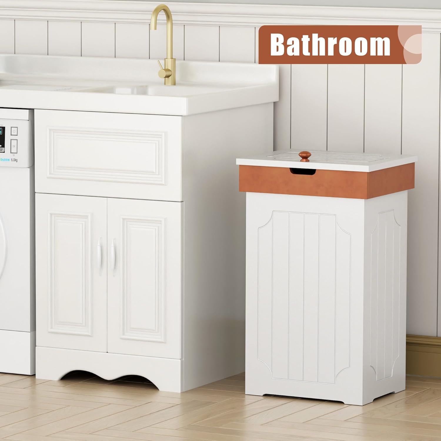 Function Home Trash Can Cabinet, 13 Gallon Kitchen Garbage Can, Wooden Recycling Trash Bin, Dog Proof Trash Can, Trash Cabinet with Lid for Home Kitchen Bathroom, White