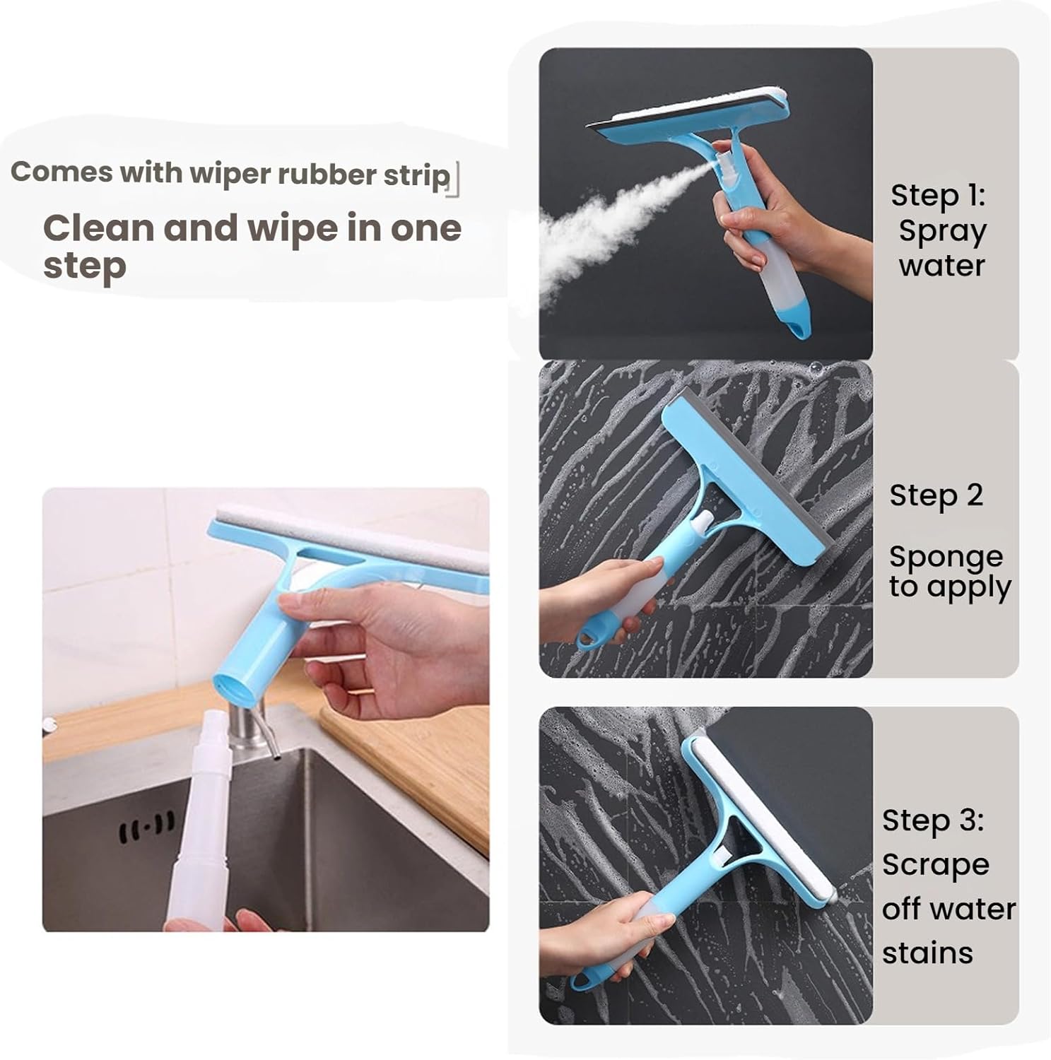 3 in 1 Window Cleaning Scraper Glass, 2025 New Squeegee for Shower Glass, Spray Away Cleaner Shower Squeegee for Glass Doors Brush - All-Purpose Squeegee for Window Cleaner Tool (Grey)
