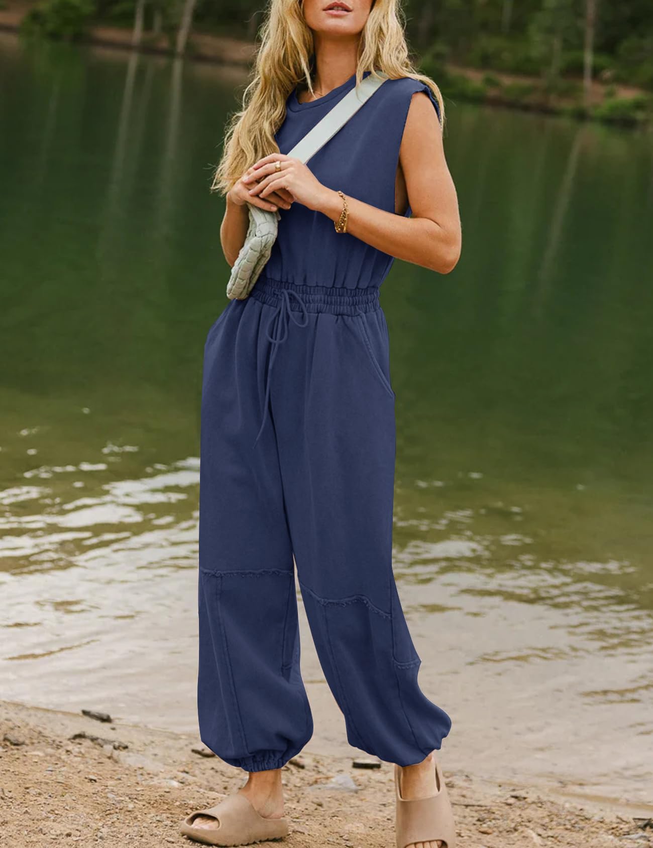 Flygo Womens Casual Jumpsuit Crewneck Cap Sleeve Long Wide Leg Pants One Piece Outfits Drawstring Romper with Pockets(LightGrey-M)