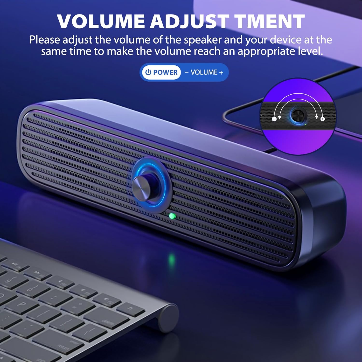 1Mii Computer Speakers for Desktop Laptop Tablet, USB Powered PC Speakers, Small Speakers Wired with Volume Control for Cellphone Pad MP3, Stereo Sound with 3.5mm Audio Plug for Windows Mac Linux PCs