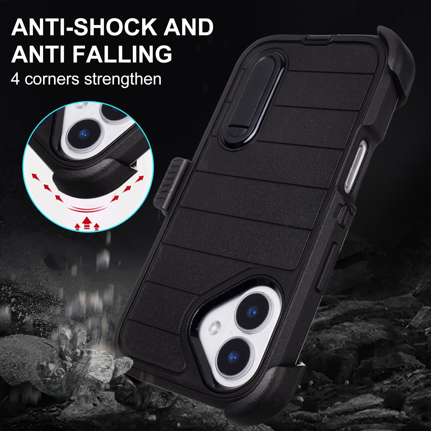 Black for iPhone 16 Case with Belt Clip Holster, Heavy Duty Rugged Military Grade Shockproof Case for iPhone 16 Case Protective Cover with Kickstand 6.1 Inch